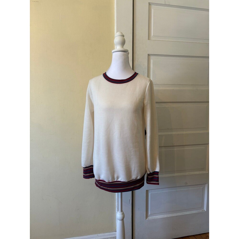 Women’s sweater cream retro stripe crewneck ribbed vintage classic old school - Picture 1 of 6